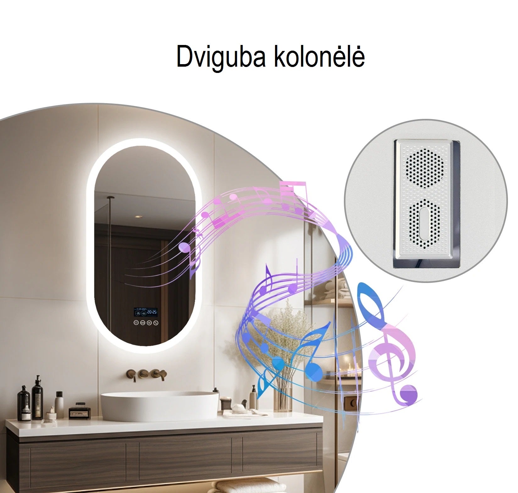 Stilingas ovalus LED veidrodis su Bluetooth kolonėle