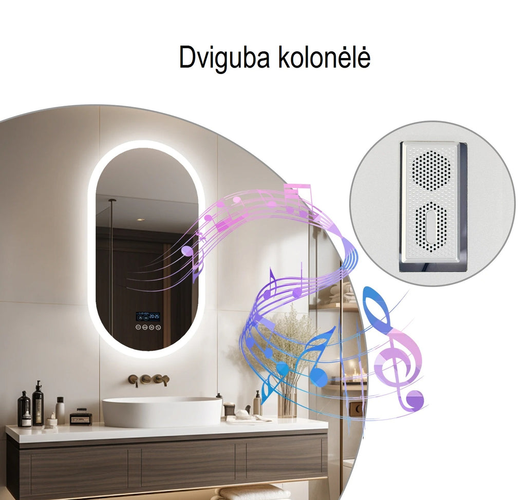 Stilingas ovalus LED veidrodis su Bluetooth kolonėle